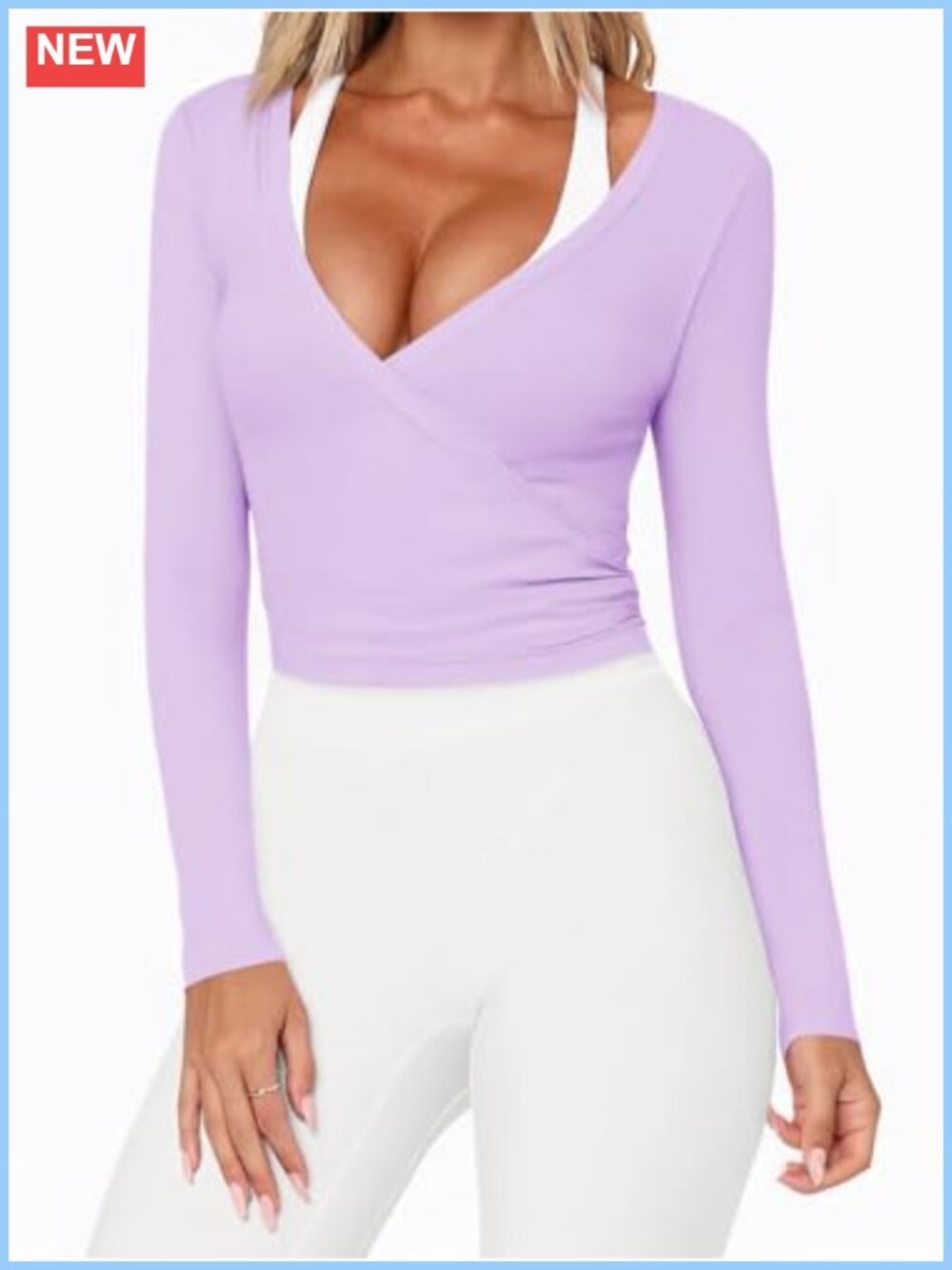 Women's Wrap Tie Long Sleeve Yoga Workout Top Deep V Neck Active Shirt